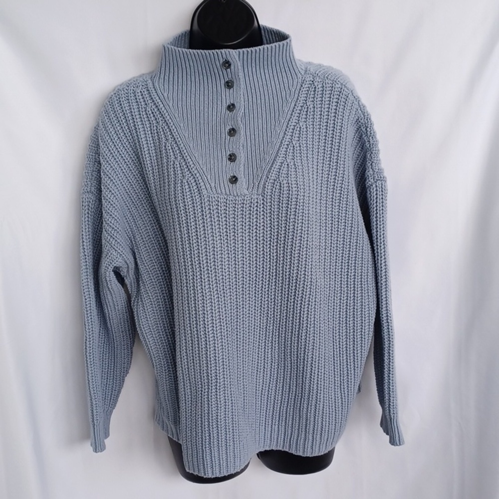 Haven Well Within XL Button Up Mock Neck Henley Blue Knit Sweater, 25"PTP 24"L